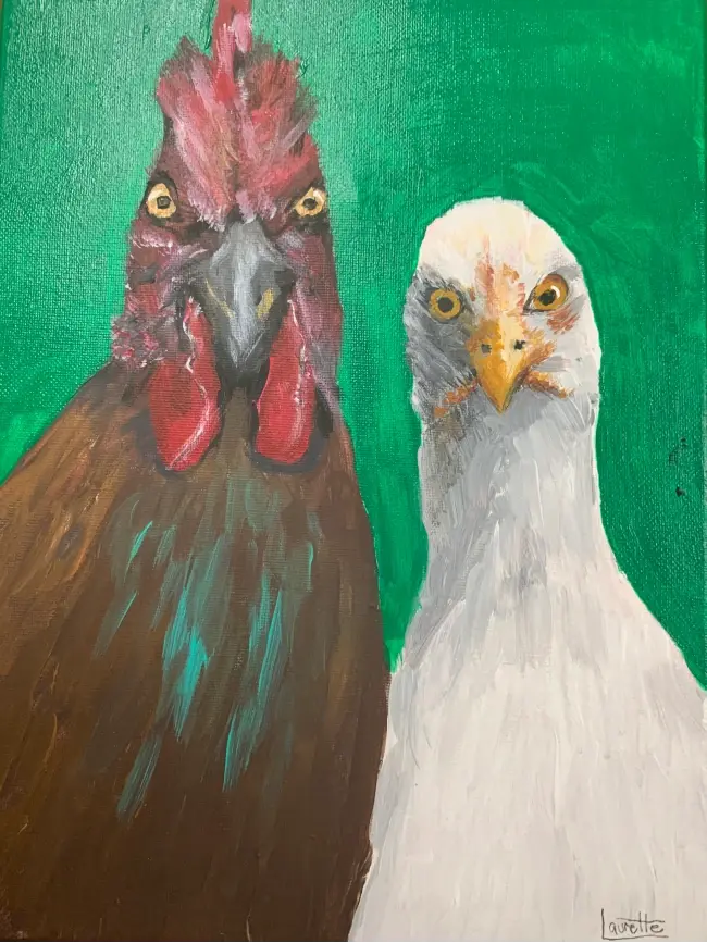 American Gothic Chickens, original artwork by Fort Walton Beach Artist, Laurette Turner.